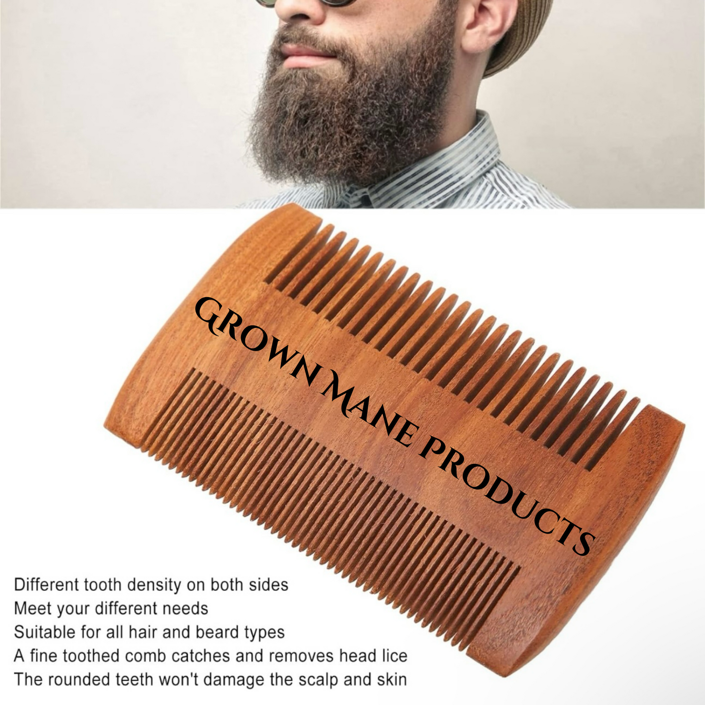 Grown Mane Dual‑Tooth Sandalwood Beard Hair Comb