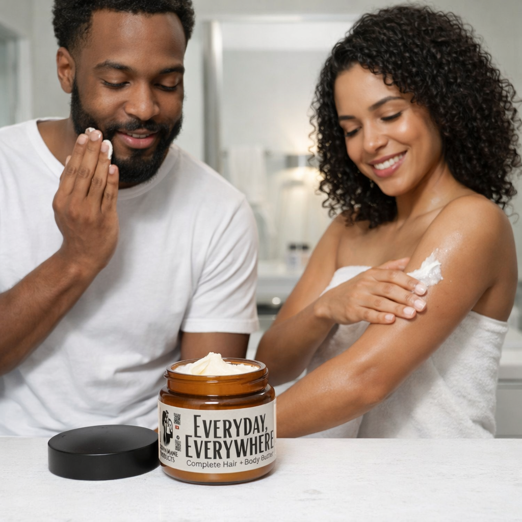 Man and woman using 'Everyday, Everywhere' body butter in a bathroom setting